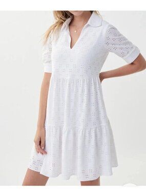 Joseph Ribkoff Eyelet Tiered Dress Size 8 White Short Sleeve Lined Boho Coastal